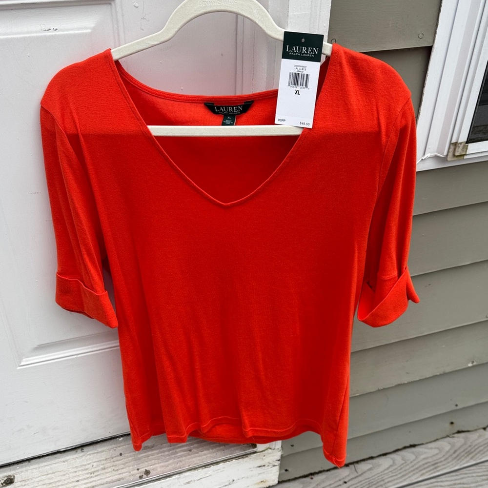 LAUREN Ralph Lauren Women's V-Neck Short Sleeve Top in Bright Orange